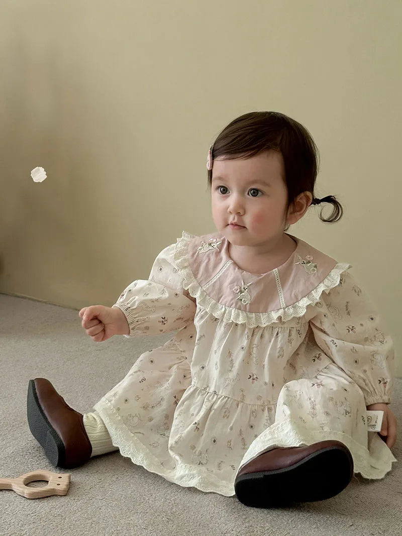 New Autumn Girls Flower Dress Cartoon Bunny Lace Kids Princess Dress Loose Korean Version Children Clothes 9M-5T Girls