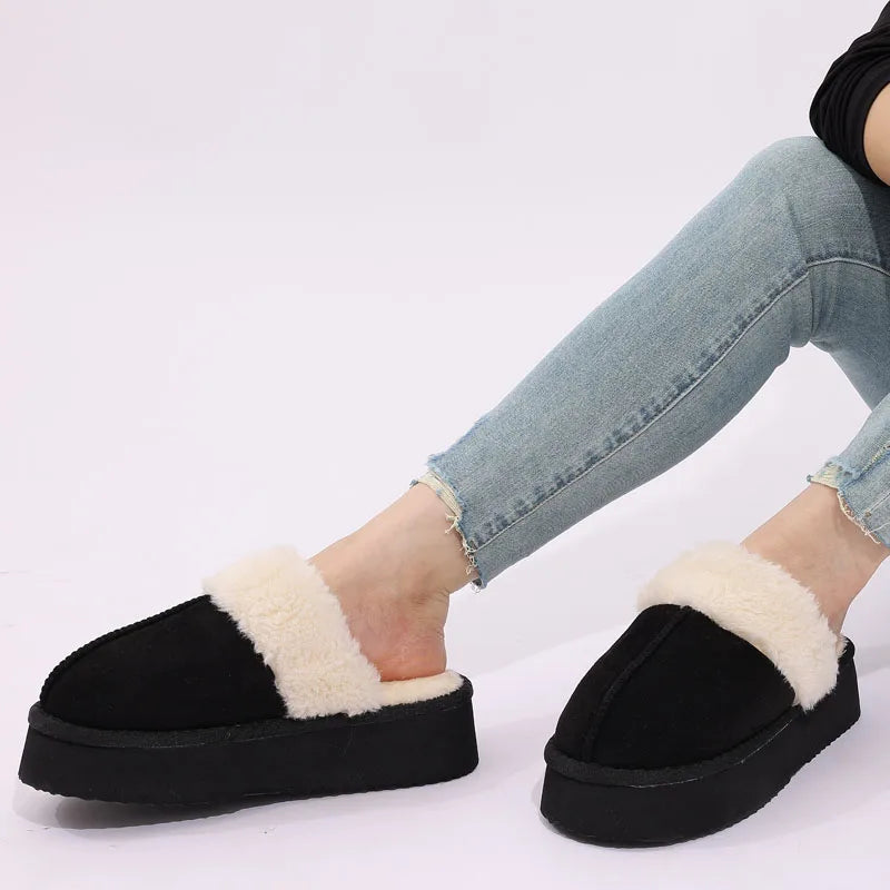 Women's Fluffy Plush Winter Shoes With Thick Sole Fuzzy Slides Suitable For Indoor and Outdoor Use With Anti-Slip Platform Fur Slippers