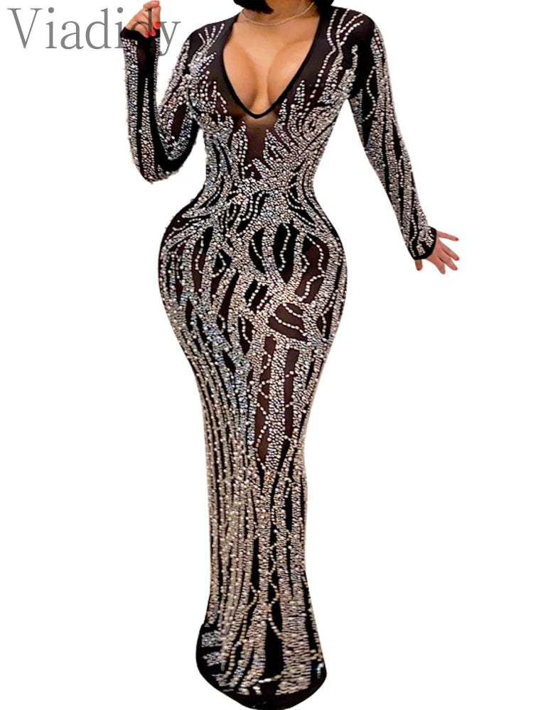 Sexy Rhinestone Sheer Mesh Long Sleeve Decor Party Dress