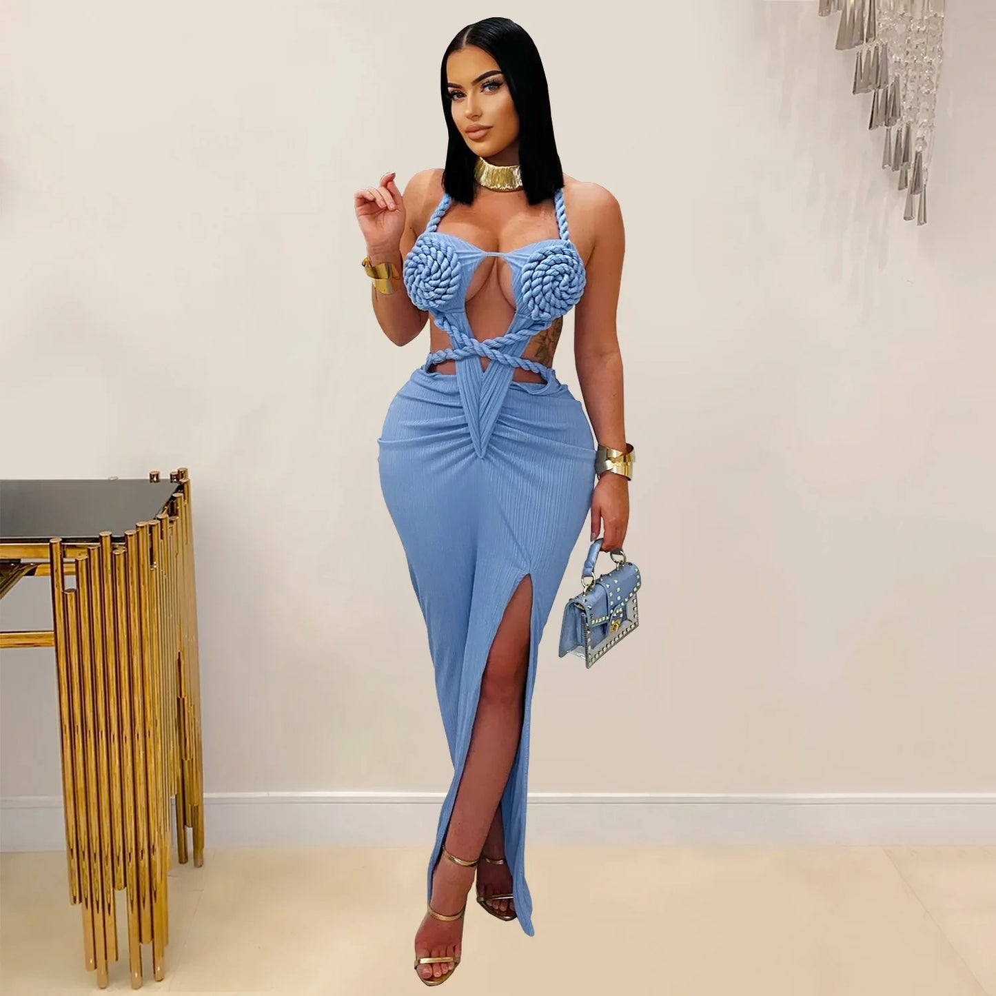 Bohemia Knitted Women Maxi Dress 2025 Summer Halter Lace Up Backless Split Sheath Vestidos Beach Vacation Robe