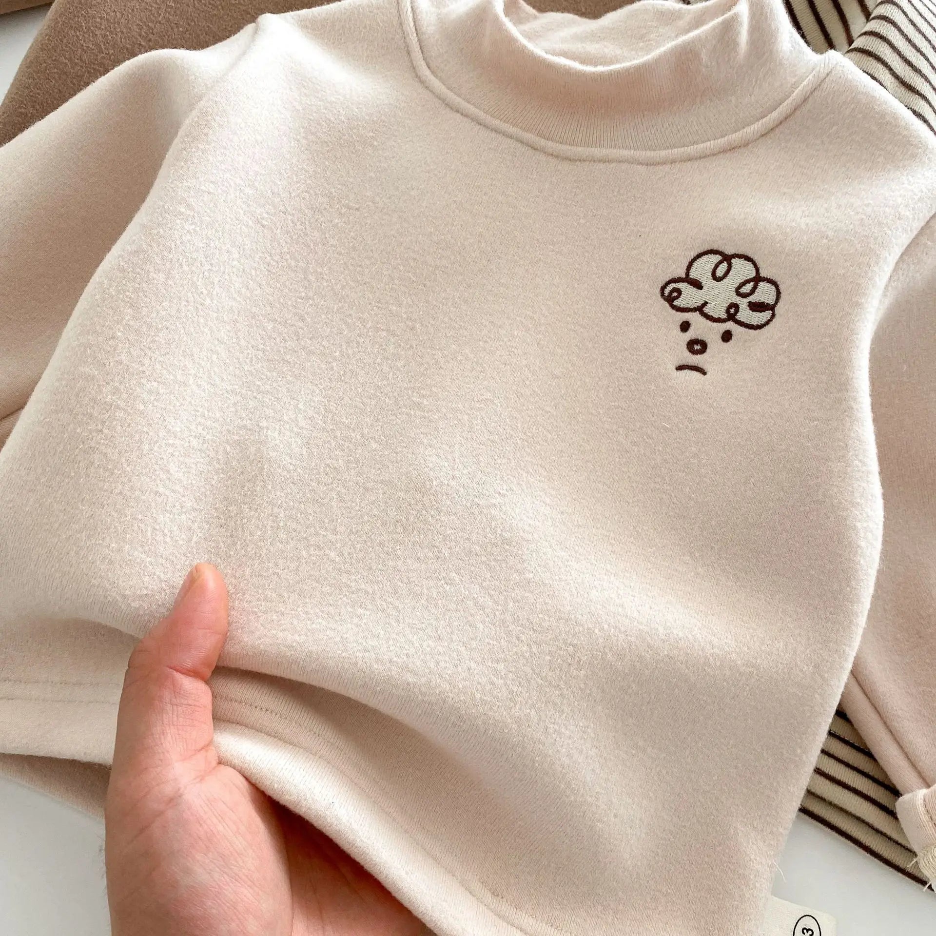 Herfst Kinder Basis Shirt Jongens Halve Turtleneck Warme Onderkant Tops Meisjes Bontvoering Geborduurde Gestreepte Blouse 0-5 Jaar Unisex