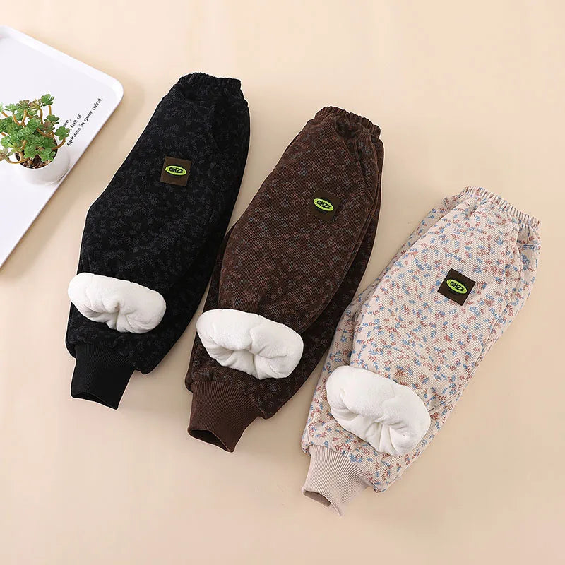 2024 New Children's Pants Girls Wheat Ear Printed Thick Trousers Winter Fur Lining Boys Warm Casual Pants 0-5Y Unisex
