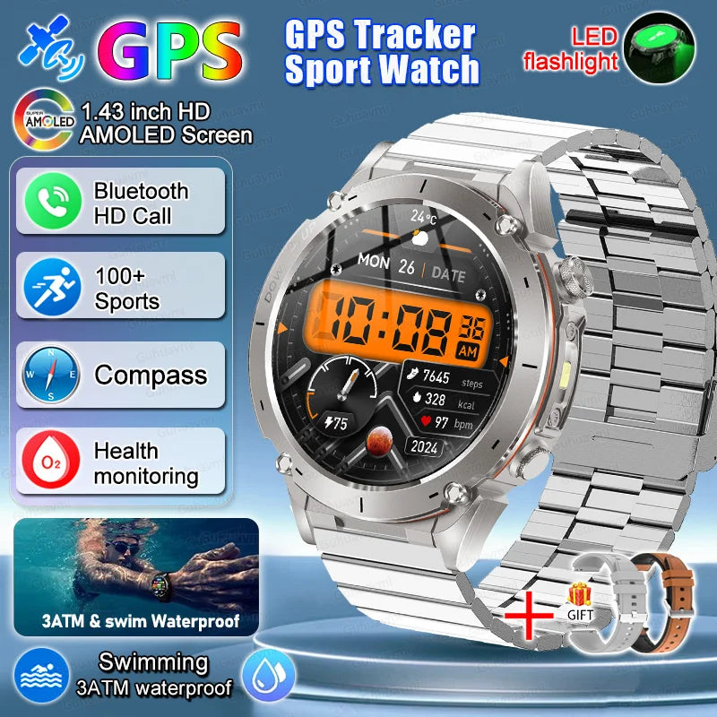 2025 New Rugged Military GPS Smart Watch Built-In GPS Tracker Compass Sports Fitness Tracking Smartwatch - Compatible with HUAWEI & Xiaomi IOS