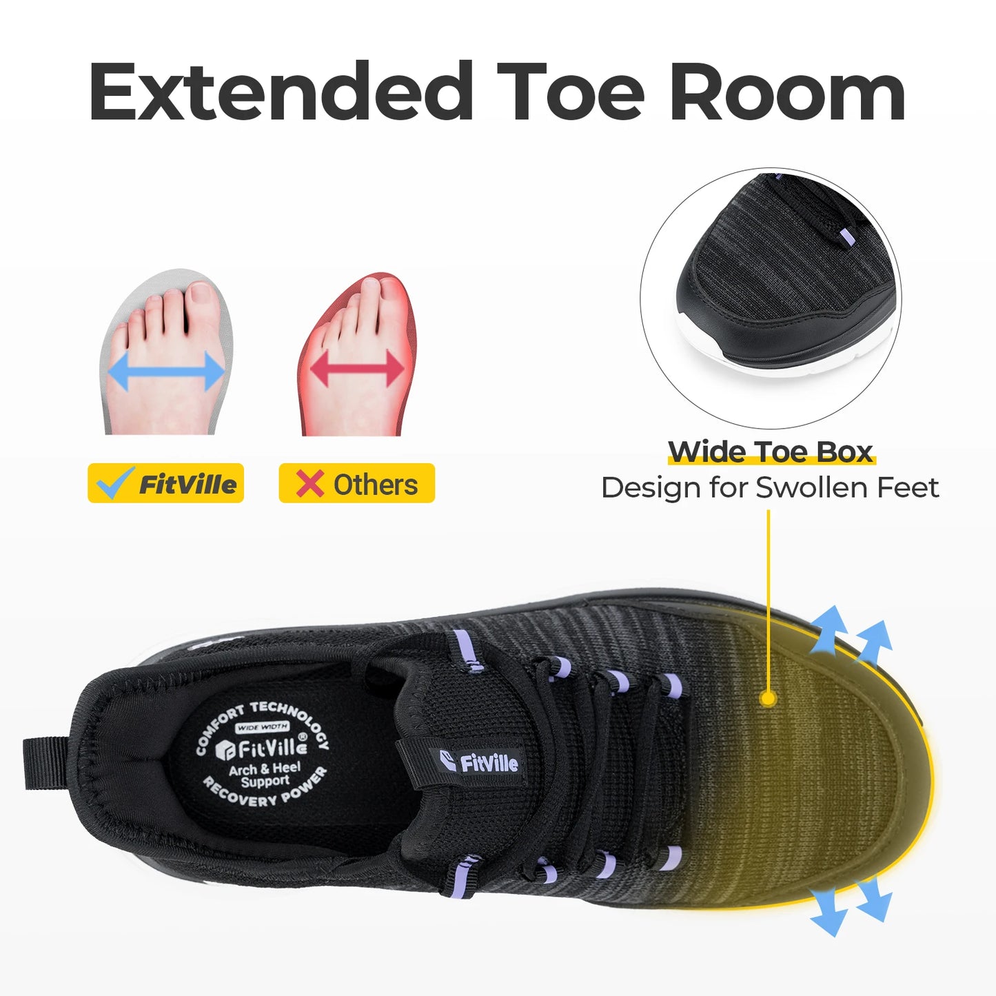 Women's Wide Foot Slip-On Sneakers Hands-Free Running Shoes Walking Shoes for Fat Feet Flat Feet Plantar Fasciitis
