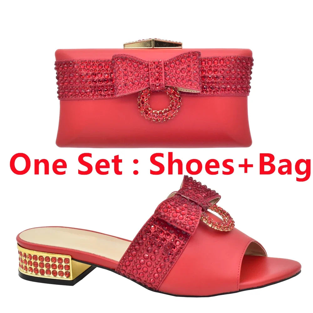 Italian Ladies Shoes and Bags To Match Set Decorated with Rhinestone Sling Backs Low (1cm-3cm) Luxury Shoes Women Designers