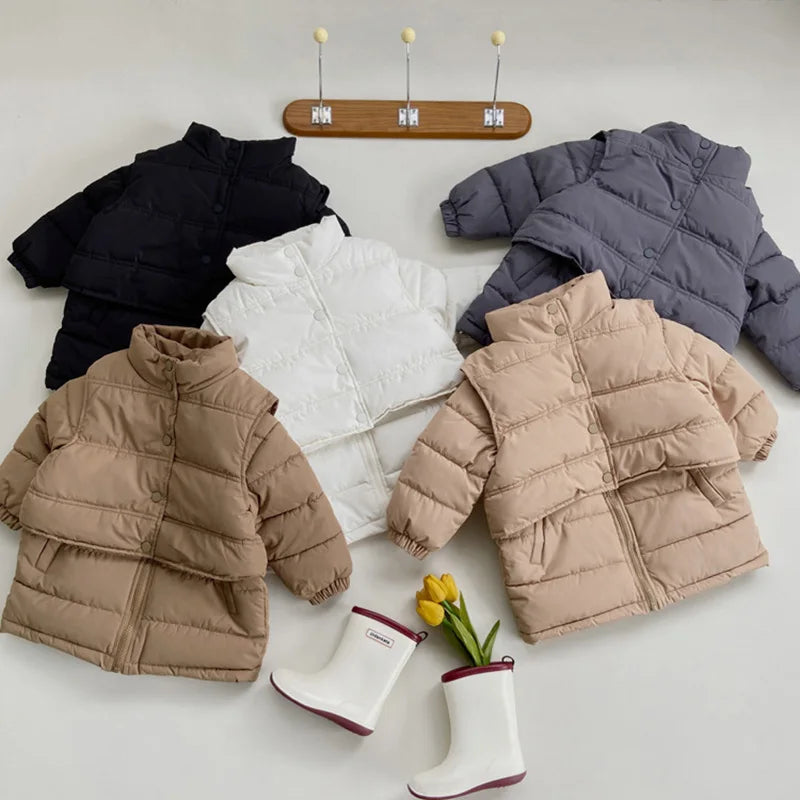 Winter Kids Parkas Thicken Vest And Parkas 2 Pcs Boys Long Parka Cotton Lining Girls Jacket 4-6Y Unisex