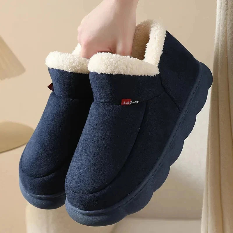 Men's Warm Plush House Slippers Indoor Anti-slip Winter Fluffy Slides With Waterproof Short Plush Male Cotton Shoes