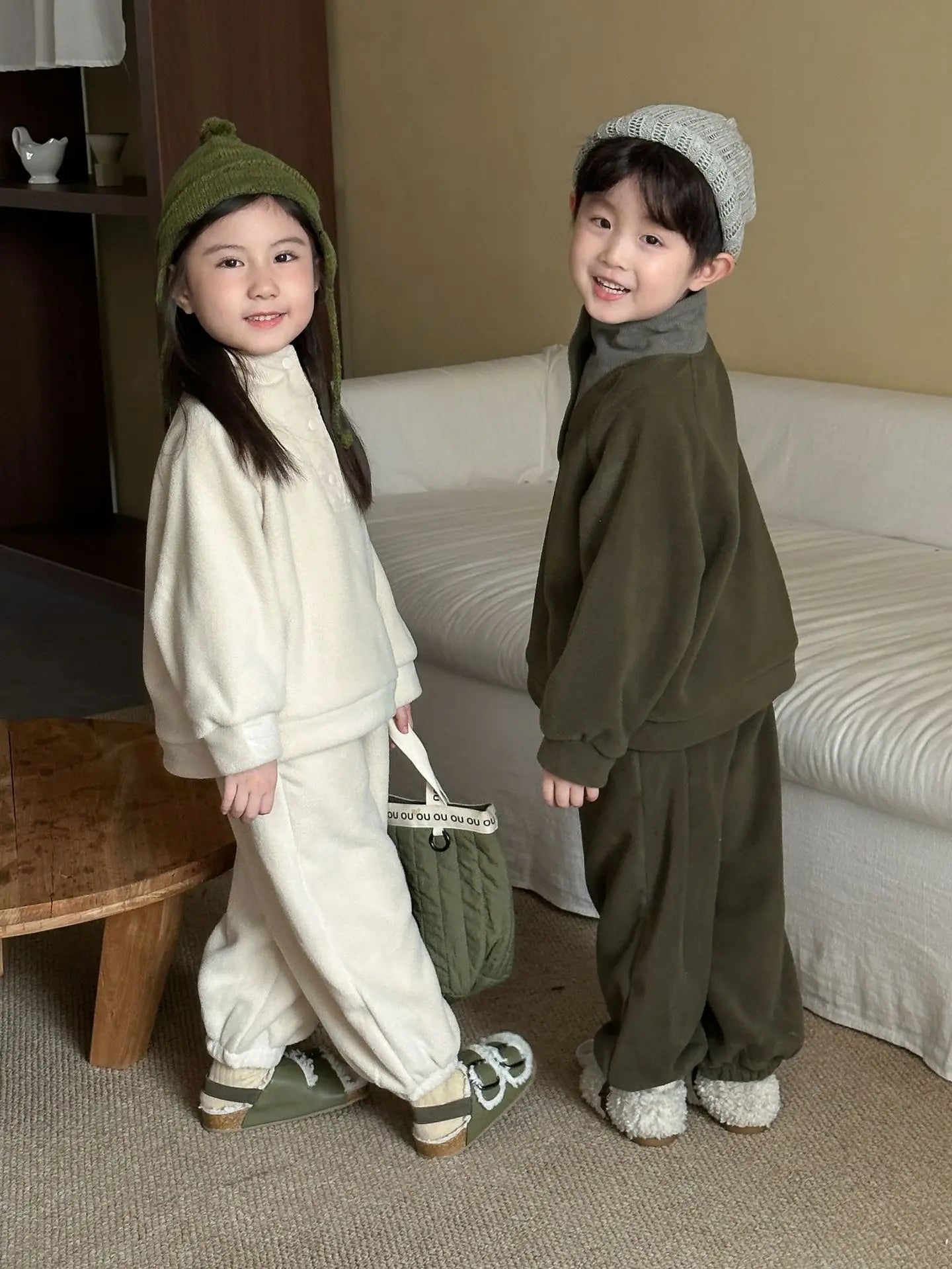 Unisex 2Pcs Autumn Winter Warm Clothing Set Fleece Hoodie and Pants Suit Turtleneck Double Fleece Kids Tracksuit