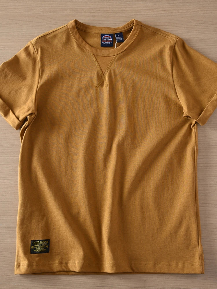 2025 Zomer Nieuw Amerikaans Retro Korte Mouw O-hals Effen Kleur T-shirt Heren Eenvoudige Mode 100% Katoen Gewassen Casual Jeugd Tops