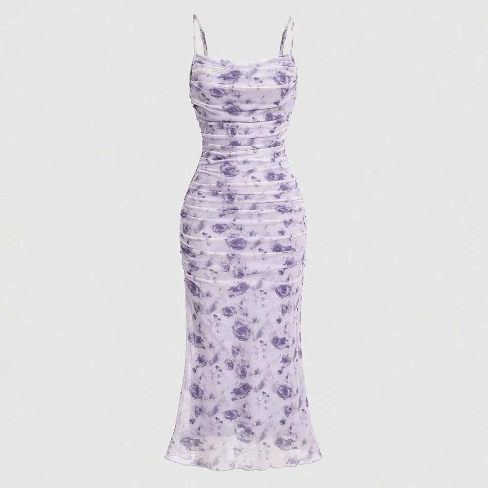 Dresses Summer Skinny Fit Elegant Floral Sleeveless Square Neck Maxi Party Lettuce Trim Dresses For Women