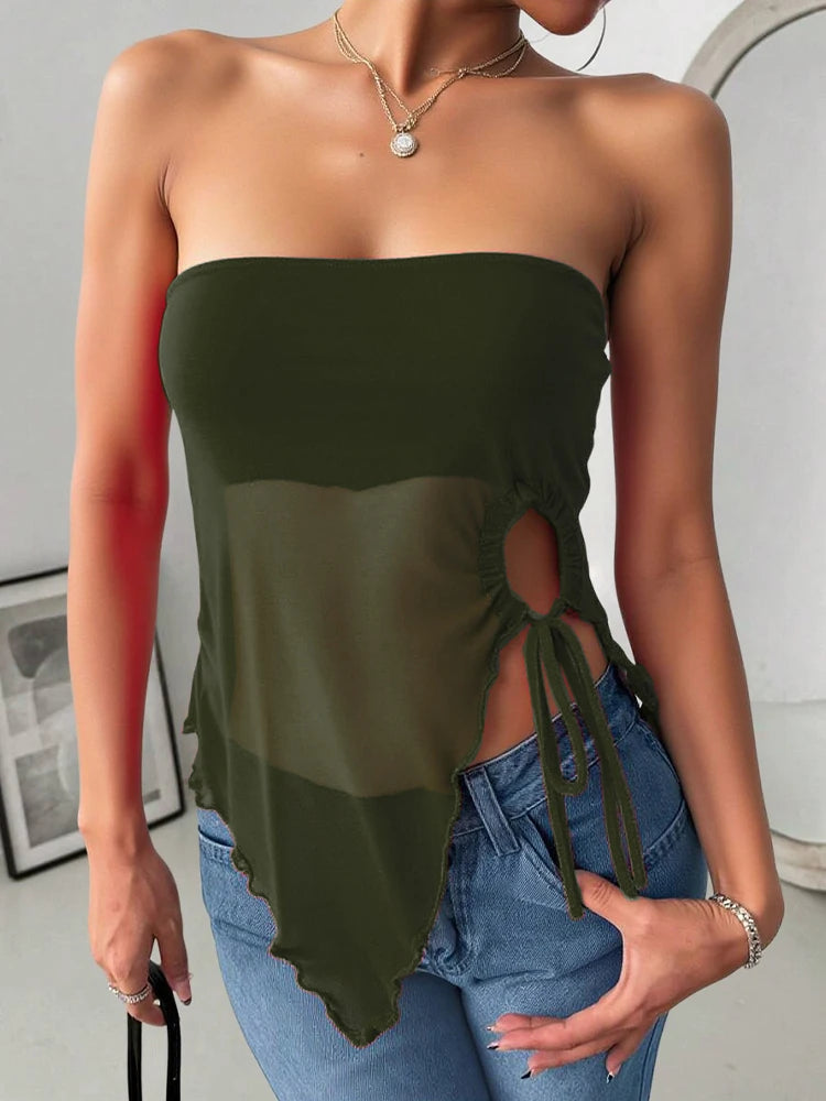 Women's Tanks Summer French Trendy Plain Cut Out Asymmetrical Hem Sleeveless Off Shoulder Tube Milkmaid Tanks