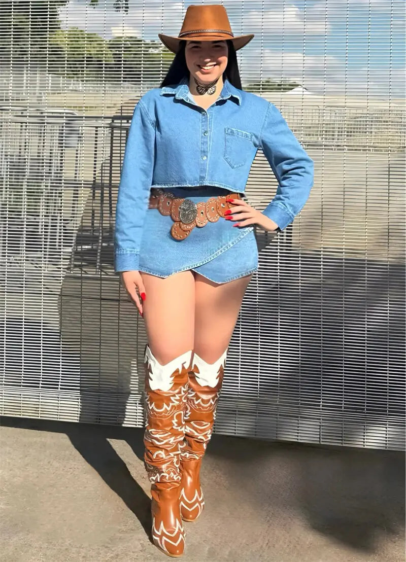 Woman Knee High Boots Western Cowboy Boots Wide Calf Embroidered Women Pointed Toe Block Heel Pull-On Cowgirl Boots