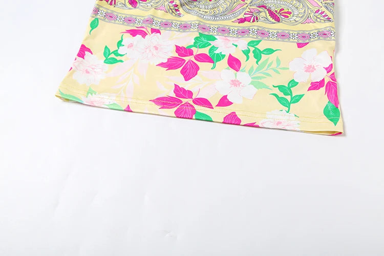 Lotus Print 2 Piece Set Women Halter Low-Neck Backless Tank Tops + Shirring Thong Vacation Fashion Beach Style Swimsuit