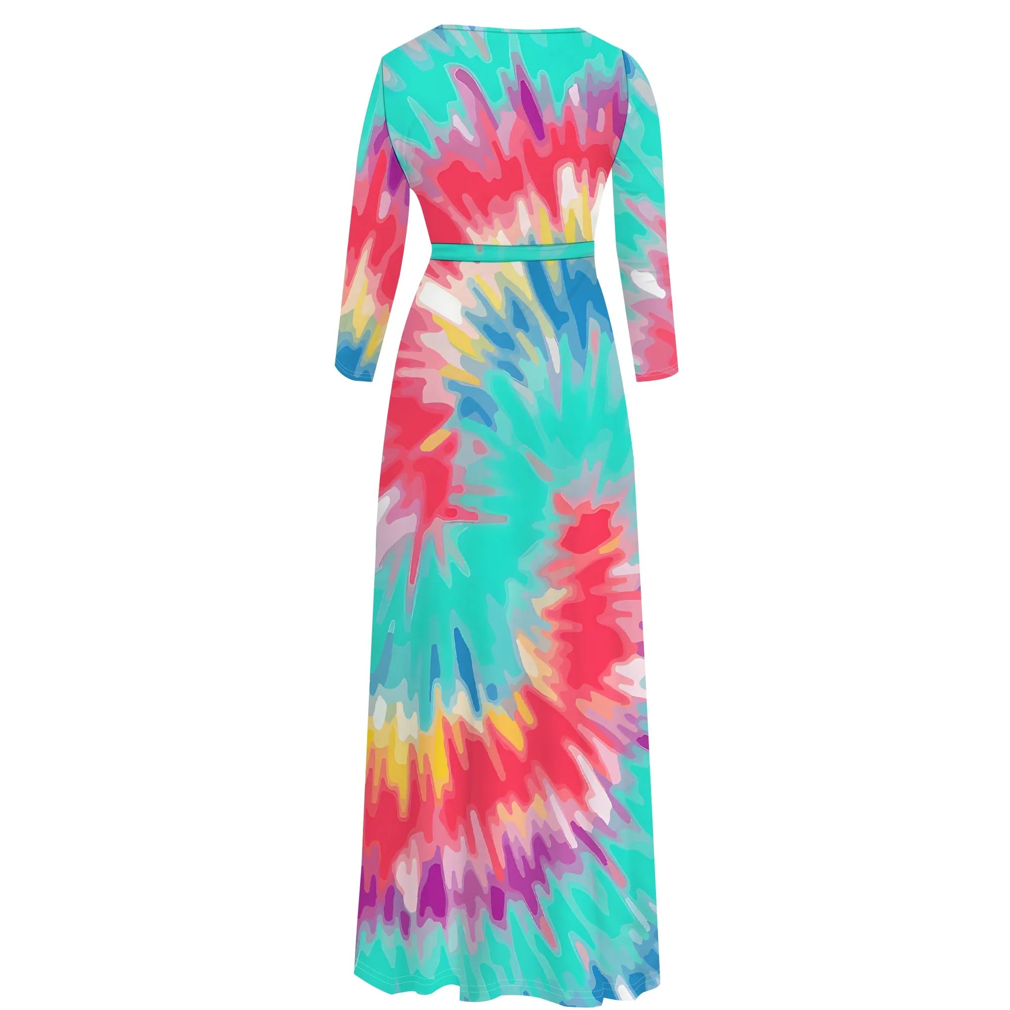 Colorful Tie-Dye V-Neck 3/4 Sleeve Wrap Maxi Dress with Belt - Women's Bold Bohemian Party Evening Resortwear