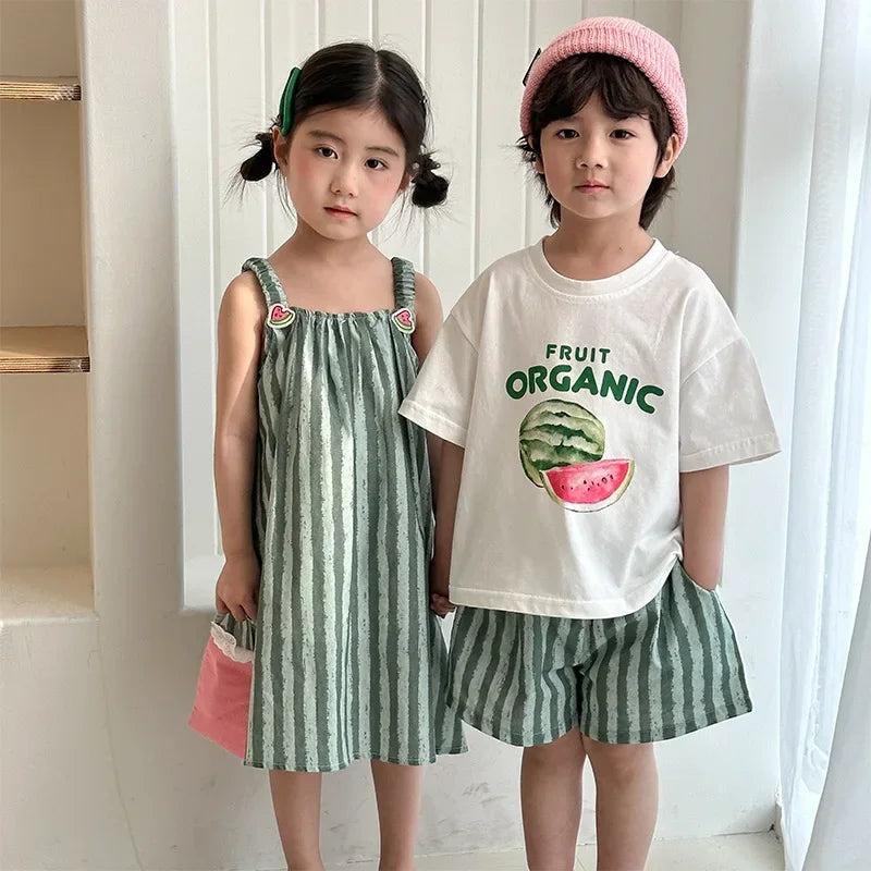 Children's Summer Clothes 2PCs Set Boys' Pure Cotton Striped Tee and Shorts Suit Cute Girls Suspenders Dress Siblings' Outfit Unisex