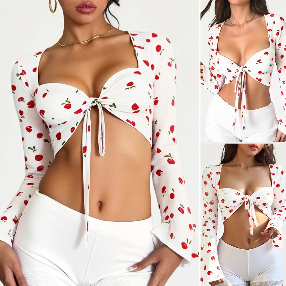 Women's T-shirts Summer Comfortable Elegant 2025 Cherry Print Sexy Long Sleeve Sweetheart Neck Sweet Dating T-shirts