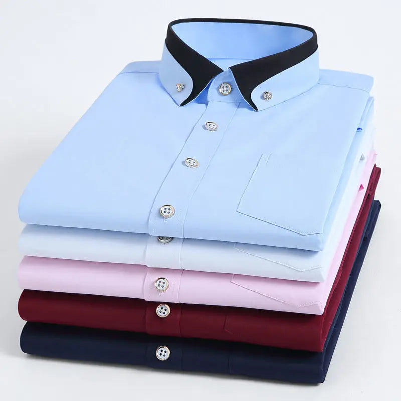 Men's Double Collar Shirt Long Sleeves Fashion Formal Classic Business Dress Shirt Black Casual Slim Fit Breathable Non-Iron Top