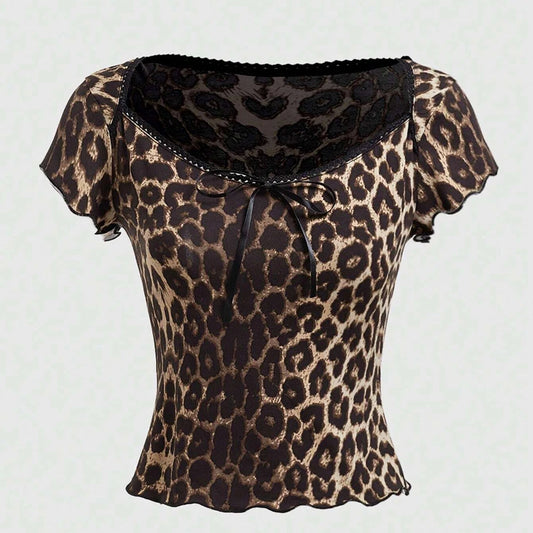 T-Shirts Summer Fashion Leopard Print Bowknot Short Sleeve Round Neck Skinny Fit T-Shirts For Women
