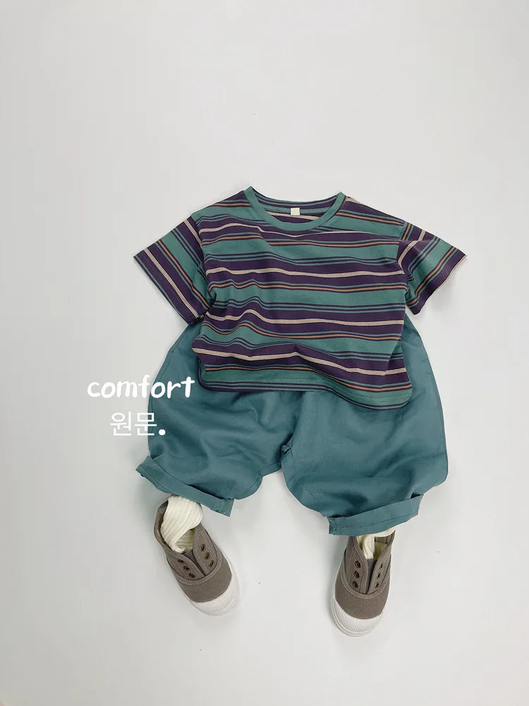 2025 Summer New Children Short Sleeve T-Shirts Cotton Baby Boy Girl Casual Striped Tees Toddler Versatile Tops Kids Clothes