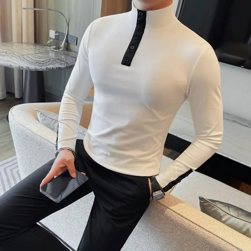 Men's High Quality Long Sleeve T-shirt For Autumn & Winter, Half-High Collar, Solid Colour Top. Collar Button Polo, Suitable As Business Casual