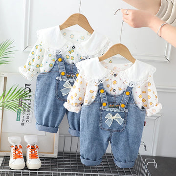 New Spring Kids Clothes Set Girls Cute Flower Blouse + Denim Overalls Children 2PCS Outwear 12-36m 4-6Y Girls