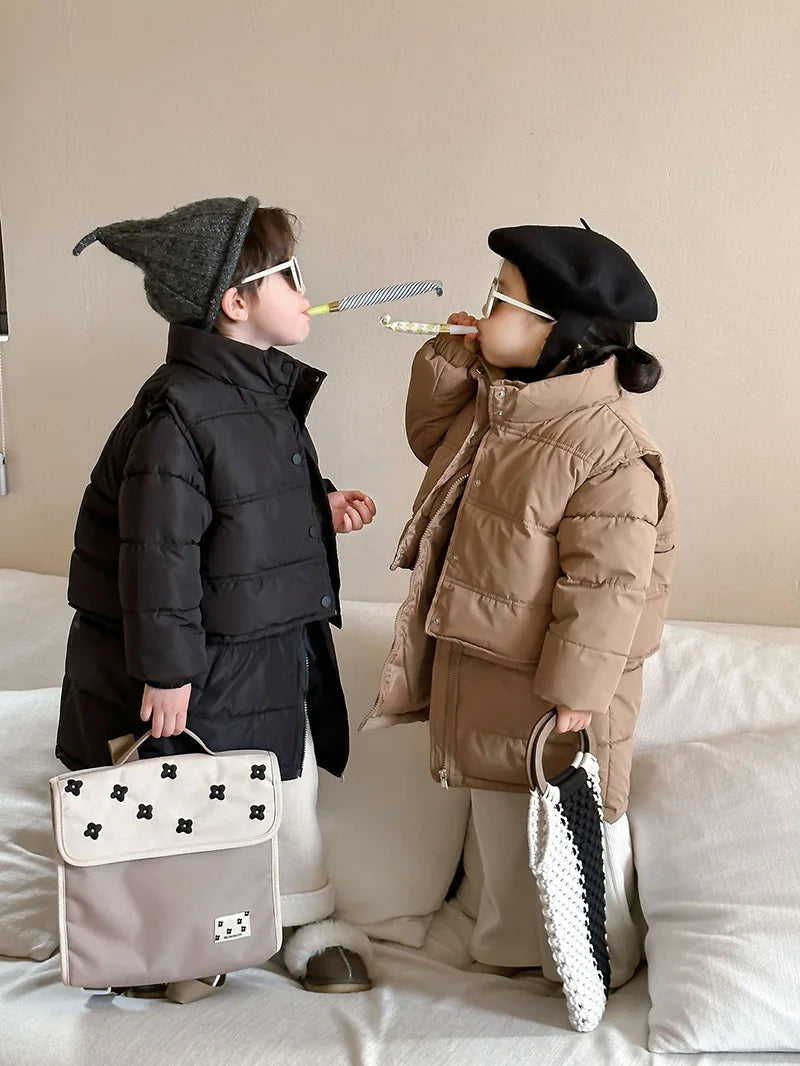 Winter Kids Parkas Thicken Vest And Parkas 2 Pcs Boys Long Parka Cotton Lining Girls Jacket 4-6Y Unisex
