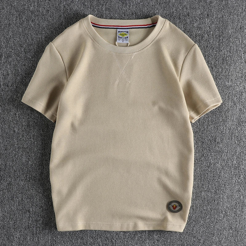 Zomer Nieuw Amerikaans Retro Waffle Microchapter T-shirt Herenmode Eenvoudig Gewassen Korte Mouw O-hals Casual Losse Jeugd Tops