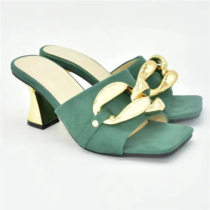 Ladies Metal Decorative Chain Wedding Bridal Shoes Ladies Open Toe High Heels Shoes Slip on Women Party Pumps