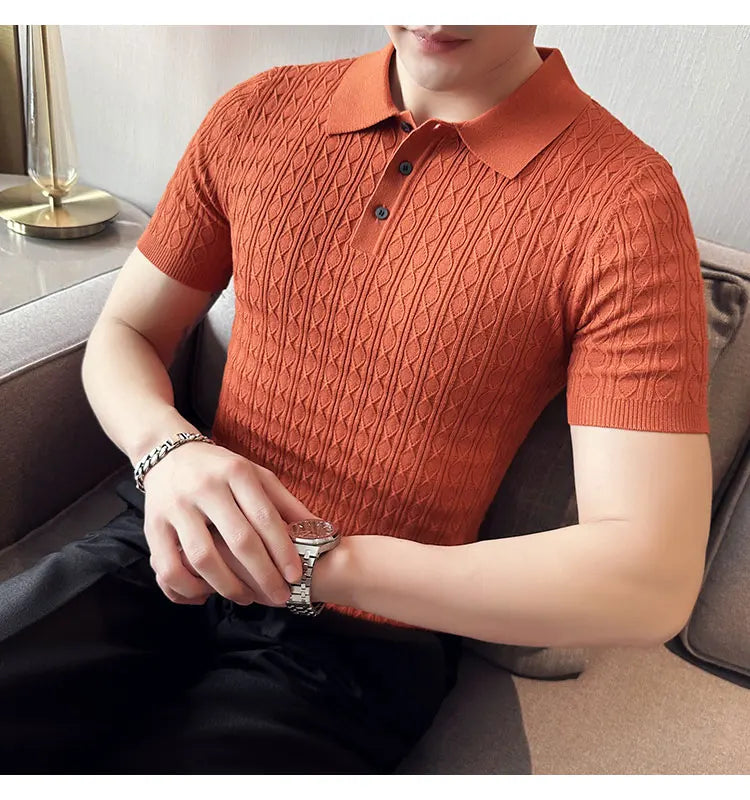 Men's Slim-Fit Jacquard Knitted Short-Sleeved Polo Shirt for Male Fashion Lapel Golf Shirt