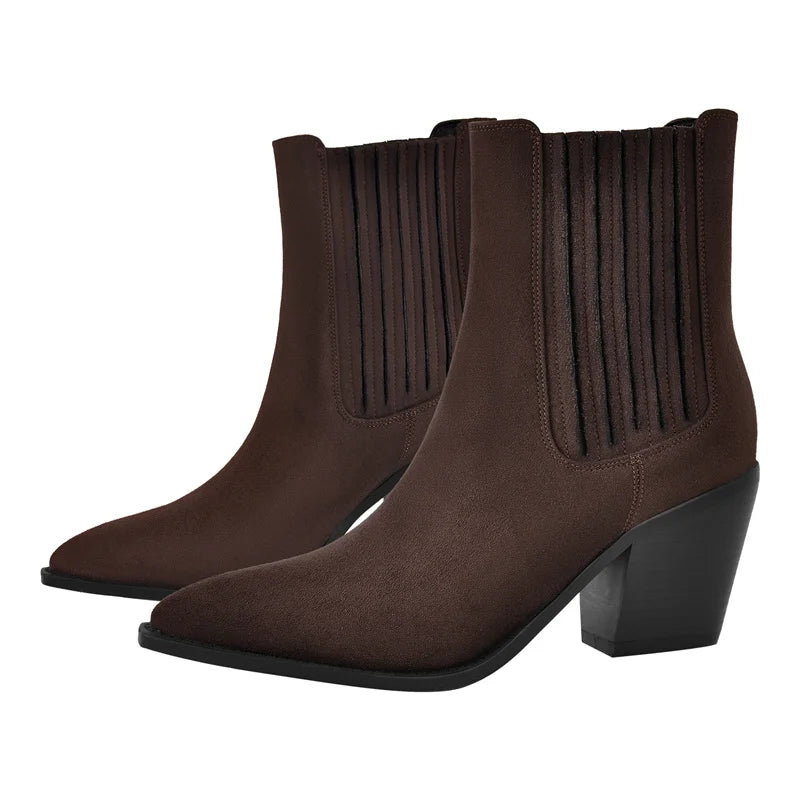 Pointed Toe  Pull-on Western Cowgirl  Boots  Chunky Heel Big Size Ankle Boots