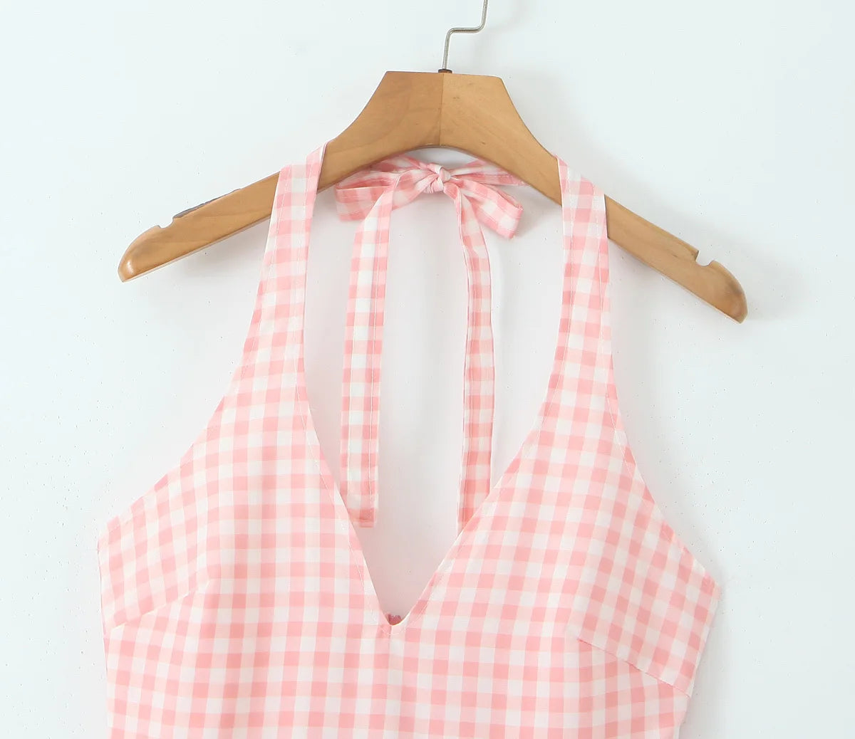 Summer Women Sexy Backless Pink Plaid Halter Dress Low Waist Elegant Party Dresses Holiday Robe