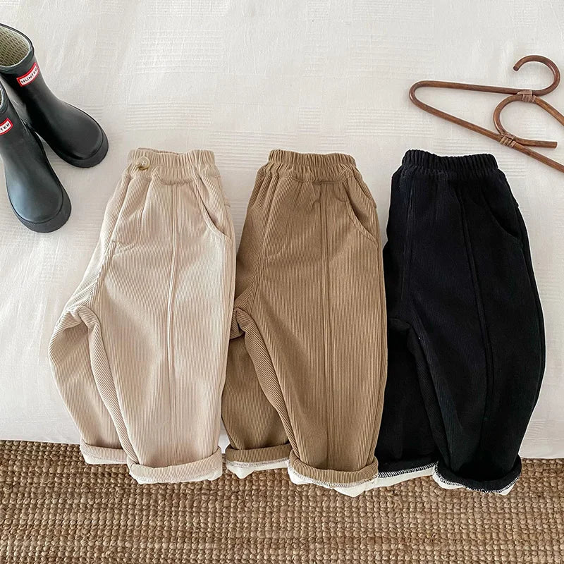 Winter Warm Kids Pants Fleece Lining Corduroy Fleece Boys Girls Trousers Outerwear Clothing 1-6Y Unisex