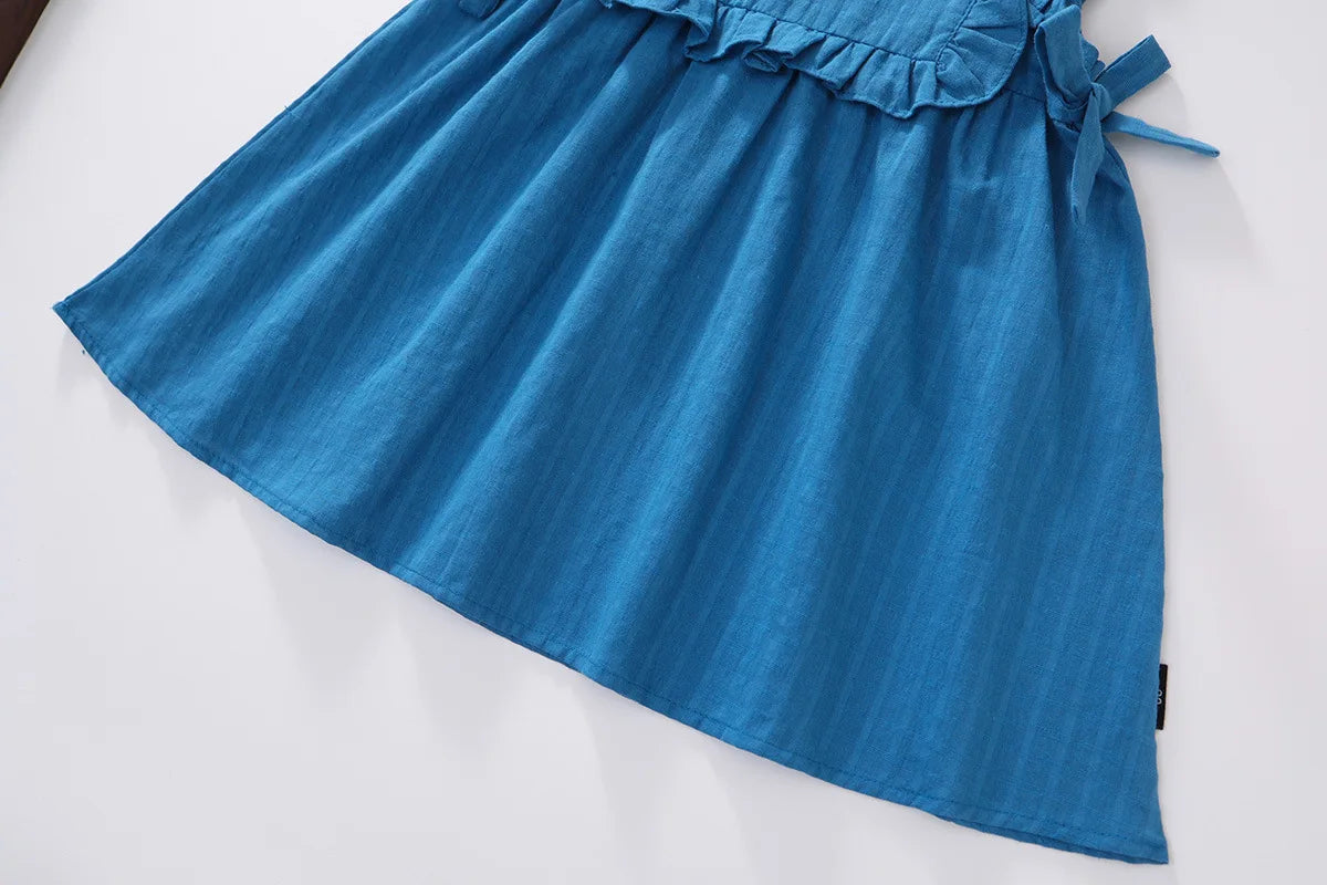 New Summer Kids Sundress Korean Style Ruffled Blue Vest Style Dress for Girls Children Sleeveless Dress 4-6Y Girls