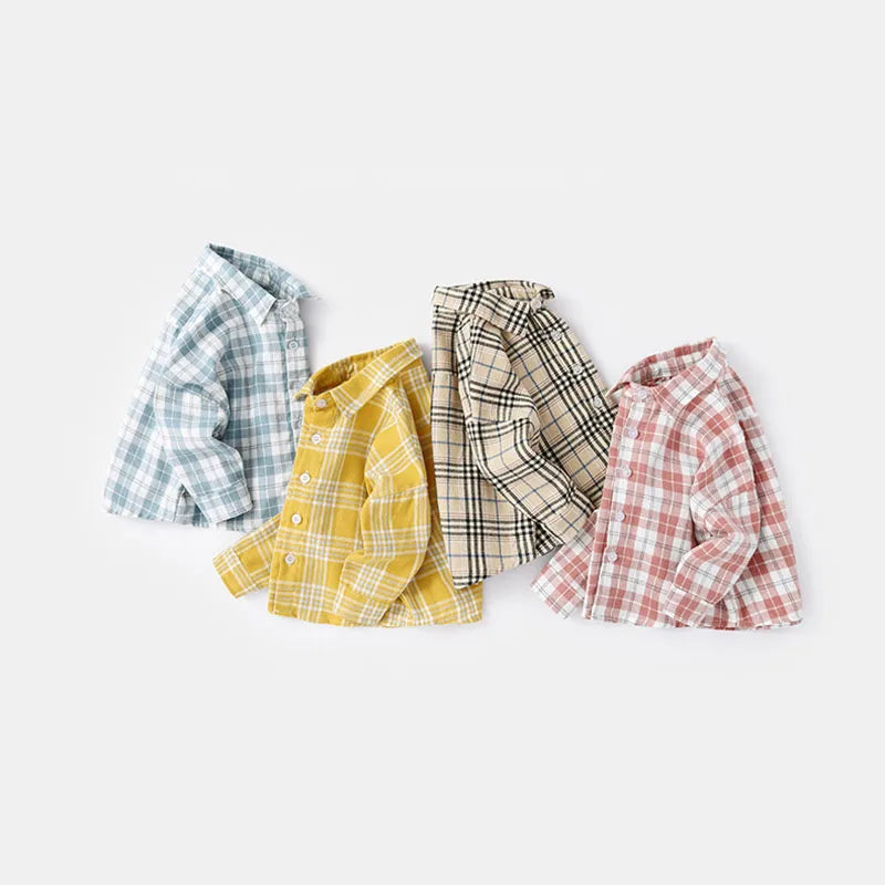 Nieuwe lente kindershirt meisjes jongens dunne stijl kleur blok rooster blouse kinderen baby losse bovenkleding 1-6 jaar unisex