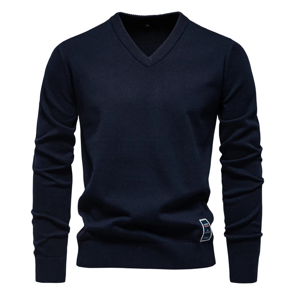 Men's V-neck Solid Cotton Pullover Sweaters Long Sleeve Casual Social Knitted Sweaters for Men