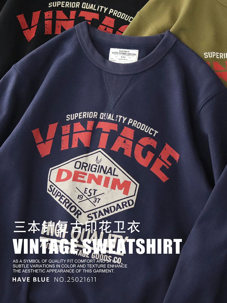 Autumn New American Retro Heavyweight 500g Letter Printed Sweatshirts Men's Fashion 100% Cotton Washed Pullover Casual Sportwear