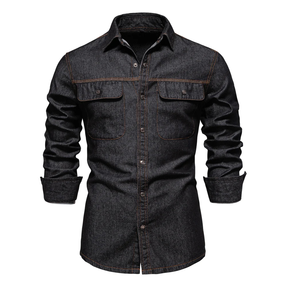 Men's 100% Cotton Denim Shirts Double Pocket Casual Cowboy Shirts Long Sleeve Autumn Jeans Shirts for Men