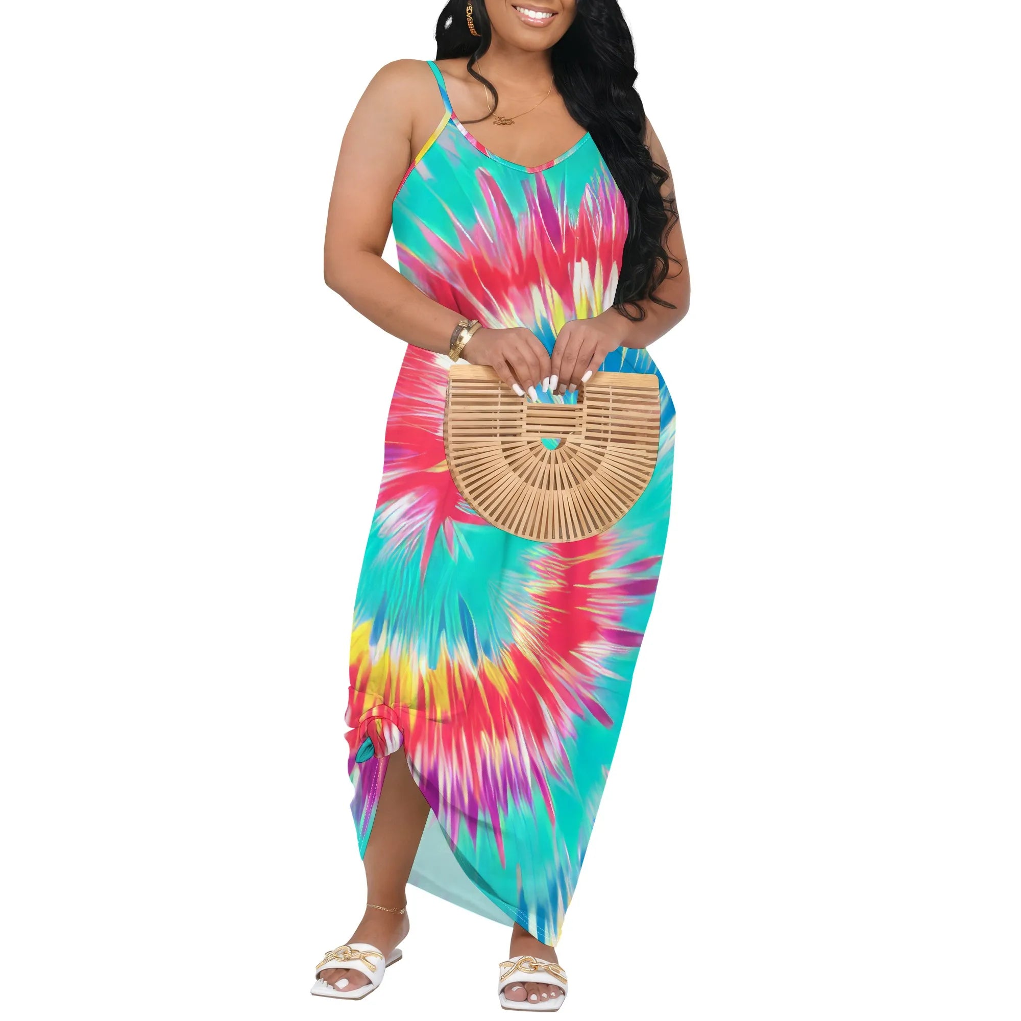 Colorful Tie Dye Maxi Dress for Women Summer Spaghetti Strap Sleeveless Vacation Dress