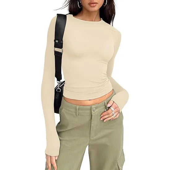 Fashion Senior Women's Long Sleeve Crew Neck Solid Slim Fit T-shirt Crop Top Ladies Daily Streetwear Casual Tee