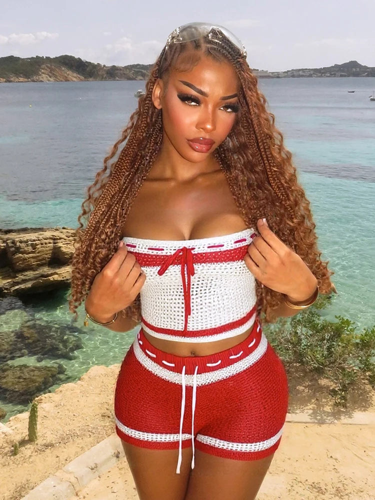 Crochet 2 Piece Set Women Hollow Beach Vacation Shirring Strapless Tops + Contrast Shorts Matching Tight Stretch Suits