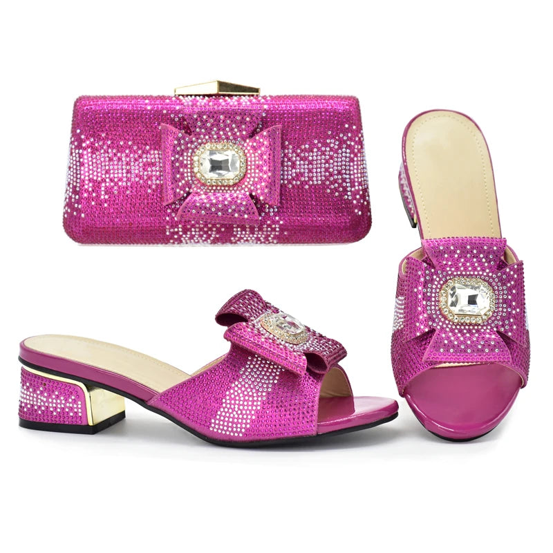Italian Women Elegant Low Heel Shoes and Bag Set Decorated with Rhinestone for Ladies' Wedding Bride Shoes