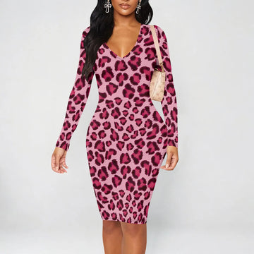 Sexy Pink Leopard Print Bodycon Dress for Women Long Sleeve Slim Fit Clubwear Dress