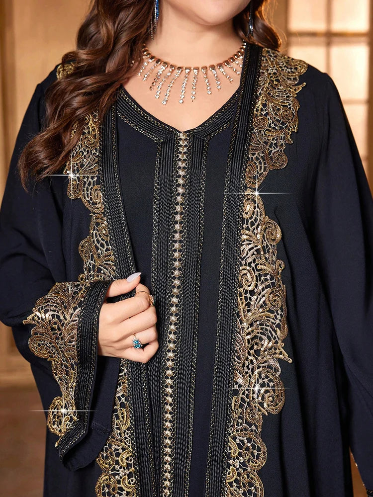 Women's Plus Size Elegant Sequin Water Soluble Lace Decorated Long Flare Sleeve Coat With Matching Dresses For Spring/Summer