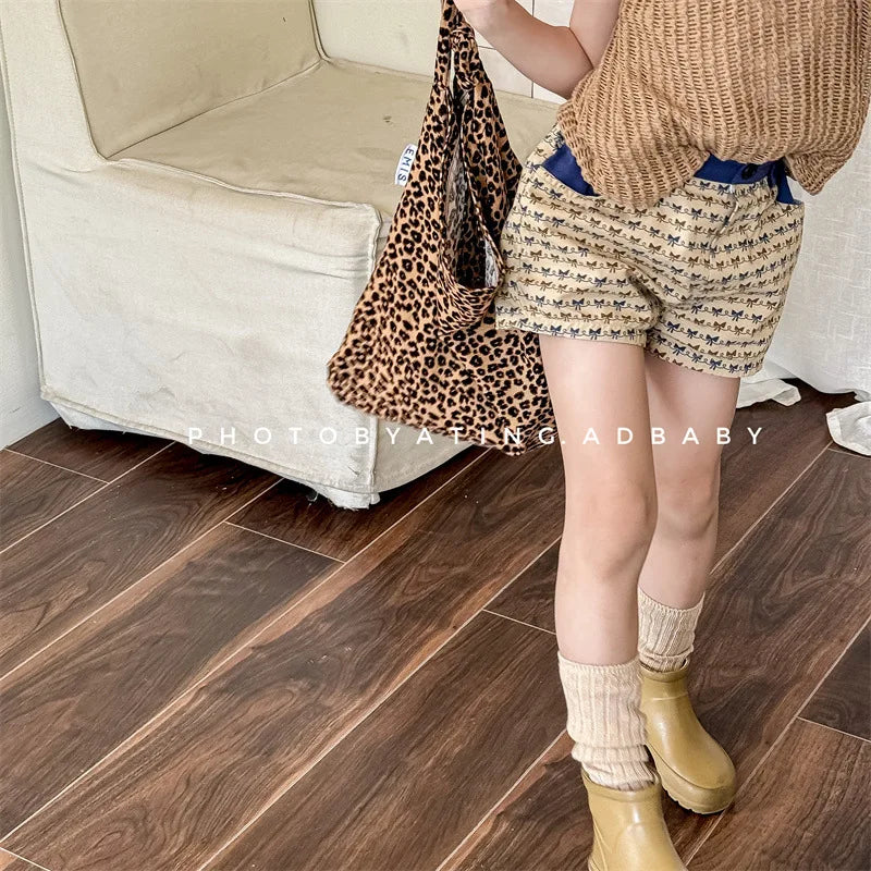 2025 Zomer Nieuwe Baby Meisjes Strik Print Shorts Katoenen Kinderen Losse Shorts Kinderen Veelzijdige Casual Broek Ademende Peuterkleding 4-6Y