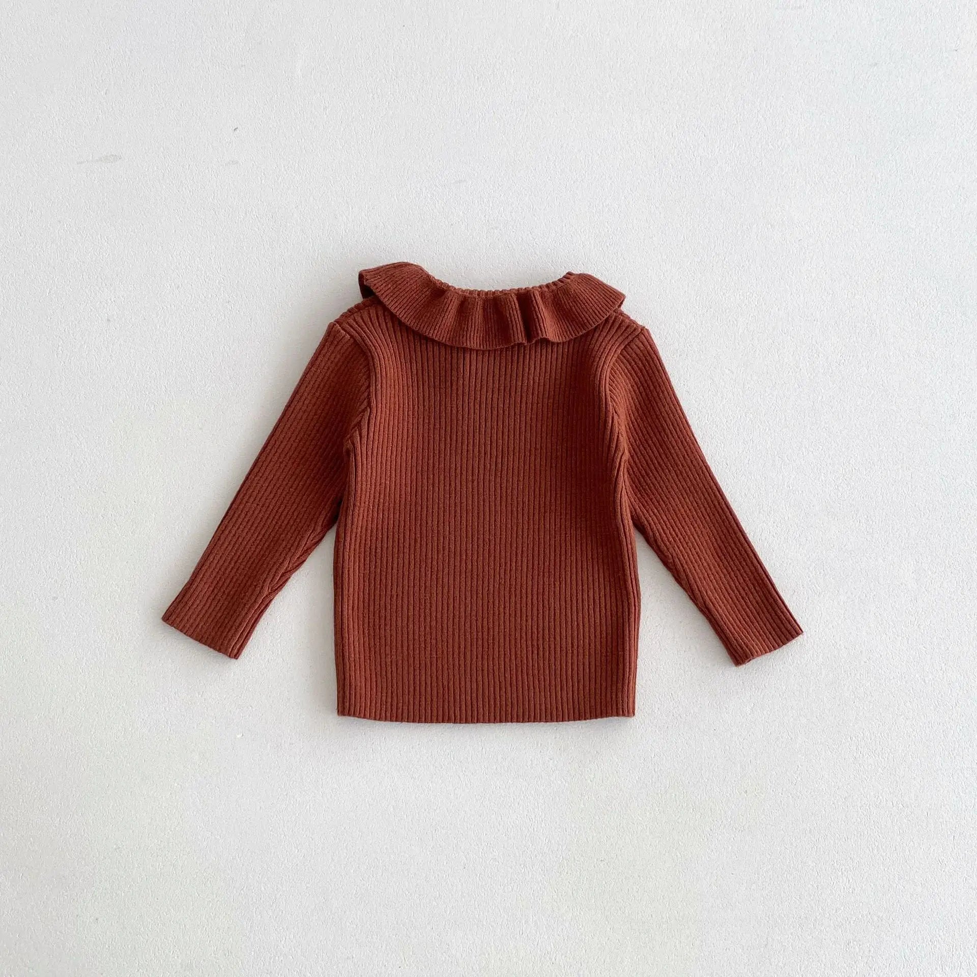 2025 Nieuwe effen trui met onderkant voor meisjes. Kinderkleding met lotusbladkraag en gebreide trui met basistopjes voor meisjes van 1-6 jaar.