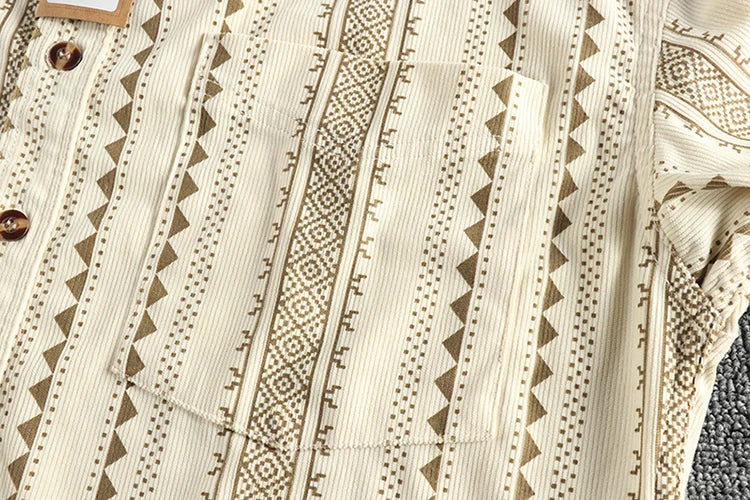 Lente Nieuwe Amerikaanse Retro Lange Mouw Revers Navajo Totem Bedrukt Shirt Herenmode 100% Katoen Gewassen Casual Blouses Dunne Jas