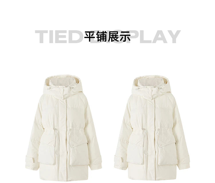 Women's Winter Warm Oversized Long Hooded Down Jacket, Adjustable Pig Nose, Buckle Waist Belt Utility Duck Down Parka For Ladies