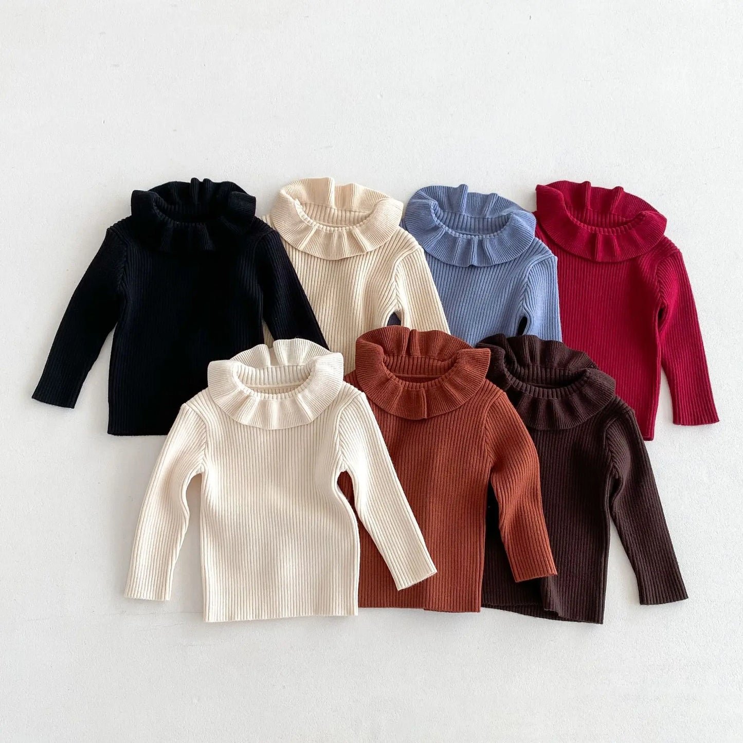 2025 Nieuwe effen trui met onderkant voor meisjes. Kinderkleding met lotusbladkraag en gebreide trui met basistopjes voor meisjes van 1-6 jaar.