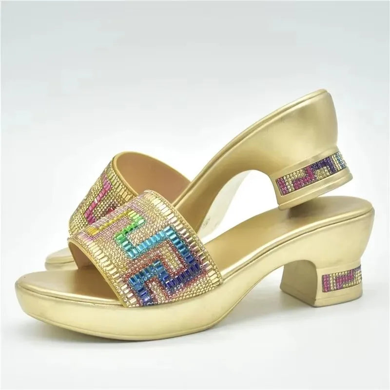 2025 Women Wedge Slippers Shoes Italian Design Comfortable Outdoor Platform With 6cm High Heels Decorated With Rhinestone