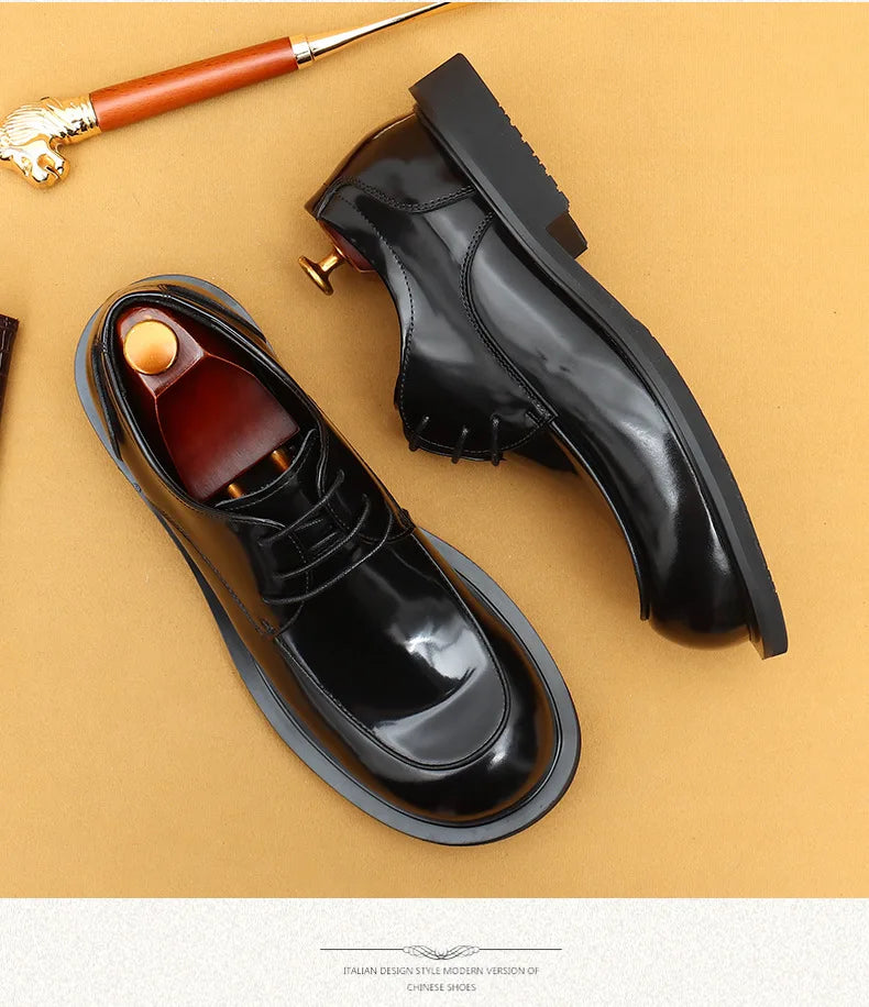 Men's business lace up casual leather shoes British big toe shoes cowhide patent leather round toe derby shoes Retro men's shoes